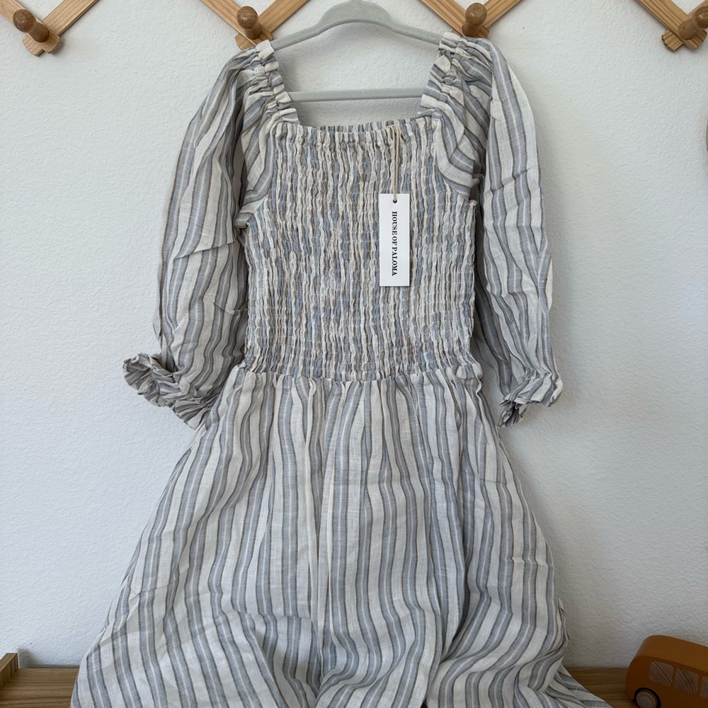 Smocked Striped Kids Dress in Light Gray & Cream - Casual Puff Sleeve